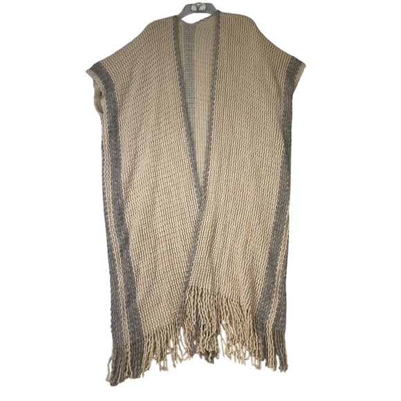 Source Unknown Sweaters - Long Fringe Duster‎ Cardigan Vest Sleeveless Open Front Knit Sweater Beige Gray